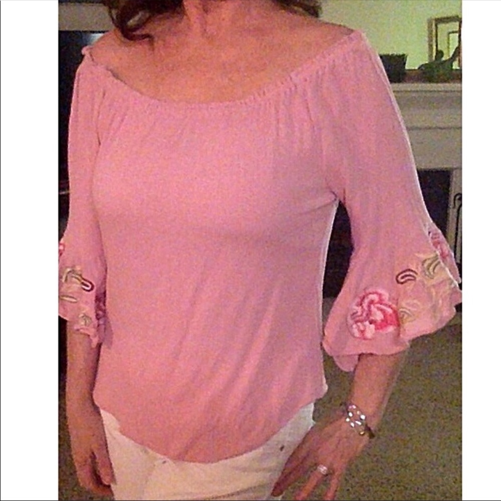 On or off shoulder top embroidered fluted sleeve